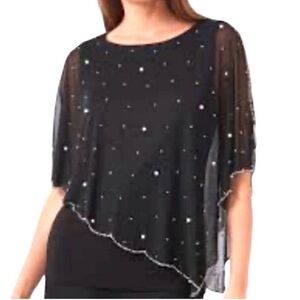 Chaus Embellished Sheer Overlay Blouse Pearls Rhinestones Black Size M